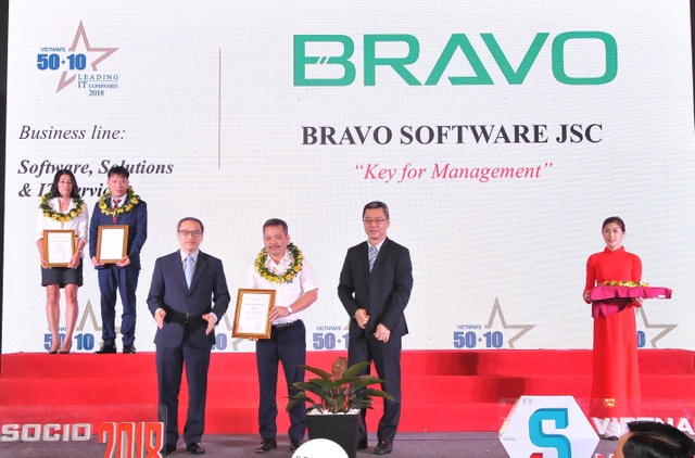 BRAVO: 4 năm liên tiếp vào Top 50 doanh nghiệp CNTT hàng đầu Việt Nam - 2 Đại diện BRAVO, GĐ. Đào Mạnh Hùng đón nhận danh hiệu