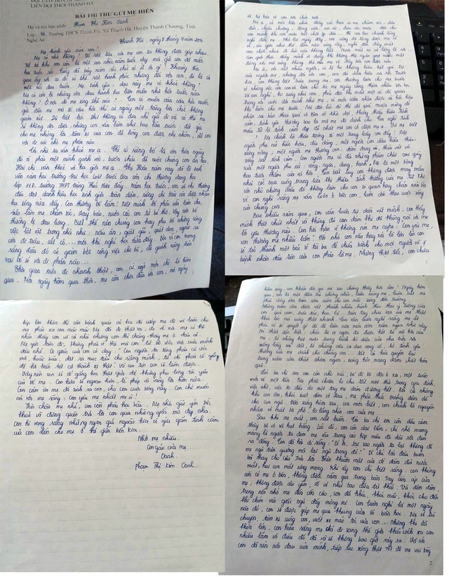 
Bức thư dài 4 trang của em Phạm Thị Kim Oanh, học sinh lớp 7, Trường THCS xã Thanh Hà, huyện Thanh Chương, Nghệ An viết gửi mẹ của mình đã mất.
