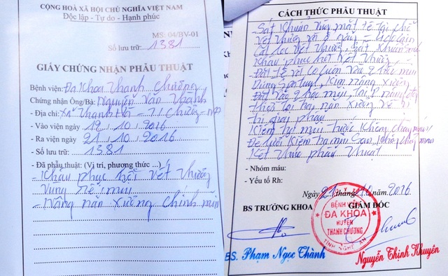 Nghệ An: Một bí thư chi bộ dằn mặt dân trong tiệc rượu? - 2 Giấy chứng nhận phẫu thuật của ông Thanh do bị đánh tại BVĐK huyện Thanh Chương, Nghệ An