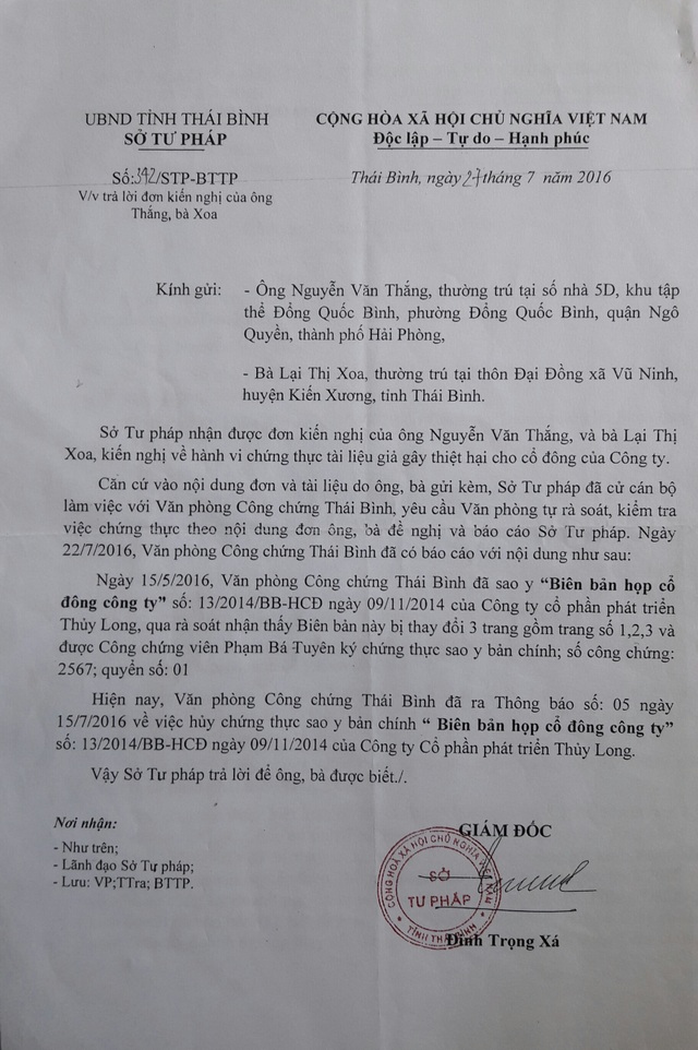 Một trưởng phòng của Sở Kế hoạch và Đầu tư Thái Bình bị kiện - 2 Văn bản của Sở Tư pháp tỉnh Thái Bình.