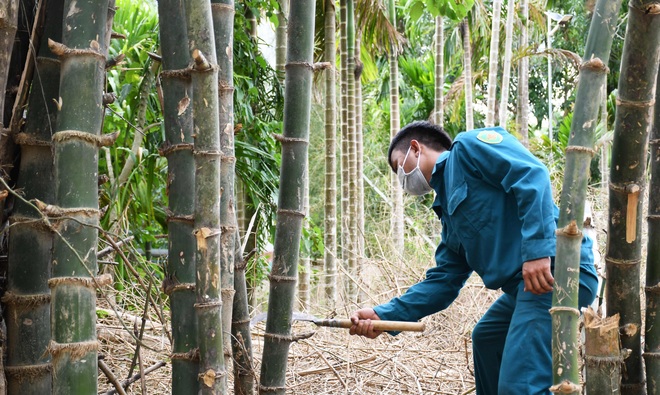 Dân quân tự vệ làm giường tre phục vụ đồng bào trong khu cách ly - 2