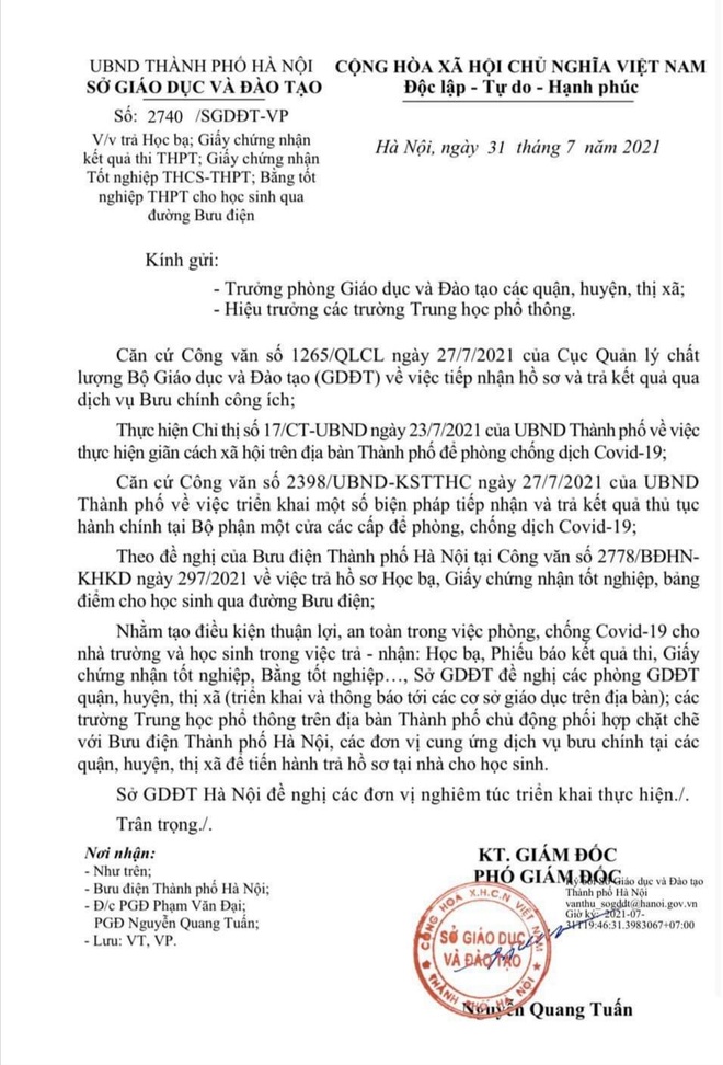 Đang giãn cách, Hà Nội trả giấy chứng nhận kết quả thi qua đường bưu điện - 1 Đang giãn cách, Hà Nội trả giấy chứng nhận kết quả thi qua đường bưu điện - 1