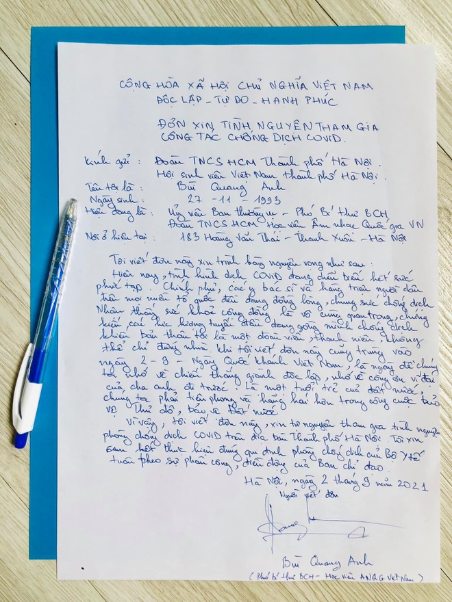 Ngày Quốc khánh, chàng trai 9x viết lá đơn xúc động tình nguyện chống dịch - 1