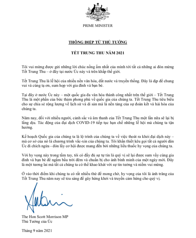 Thủ tướng Australia Scott Morrison gửi thư chúc mừng tết Trung thu - 1 Thủ tướng Australia Scott Morrison gửi thư chúc mừng tết Trung thu - 1