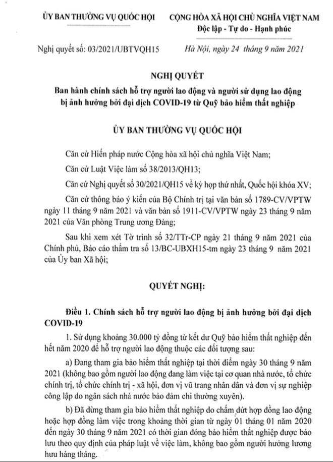 Toàn văn Nghị quyết 03/2021/UBTVQH15 về gói hỗ trợ 38.000 tỷ đồng - 1 Toàn văn Nghị quyết 03/2021/UBTVQH15 về gói hỗ trợ 38.000 tỷ đồng - 1