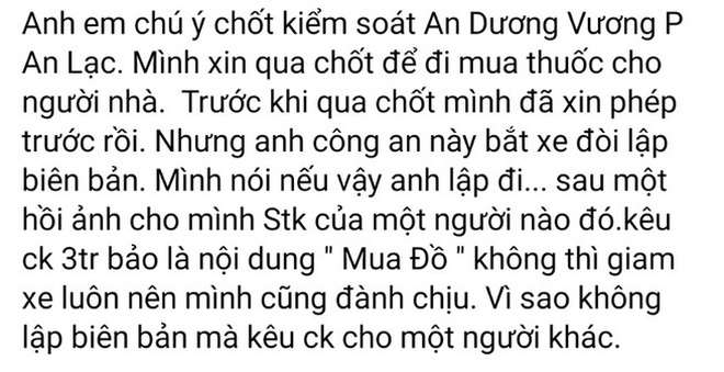 Làm rõ thông tin cán bộ trực chốt yêu cầu tài xế ô tô chuyển khoản 3 triệu - 1