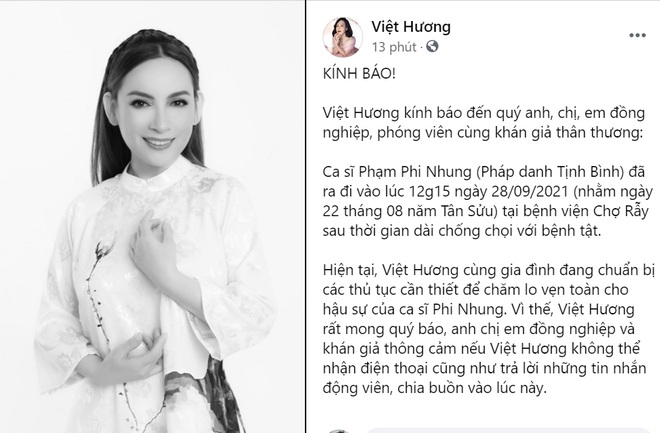 Việt Hương đang chuẩn bị các thủ tục hậu sự cho ca sĩ Phi Nhung - 1