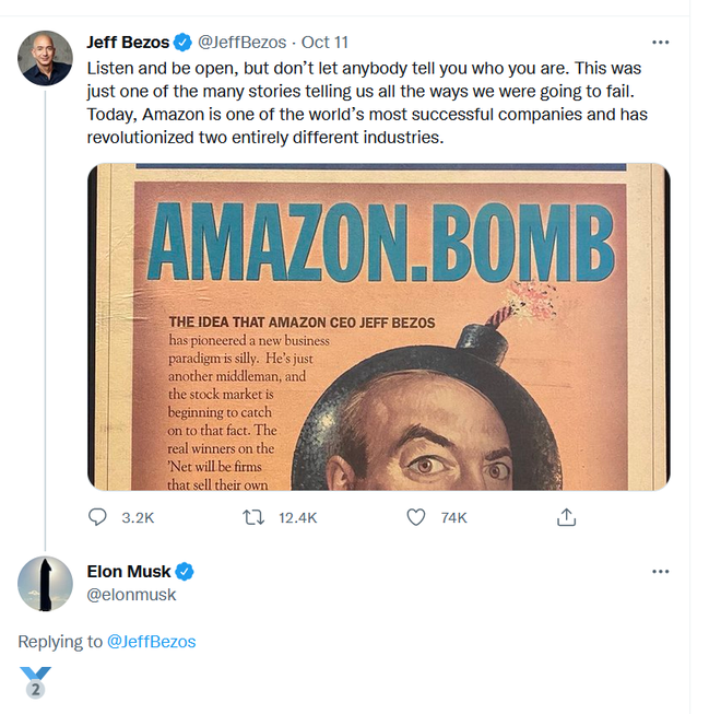 Elon Musk có bình luận châm biếm về bài viết của Jeff Bezos. Elon Musk có bình luận châm biếm về bài viết của Jeff Bezos.