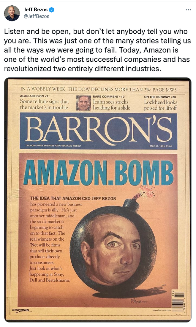 Bài báo năm 1999 dự đoán về sự sụp đổ của Amazon được Jeff Bezos chia sẻ trên trang Twitter của mình. Bài báo năm 1999 dự đoán về sự sụp đổ của Amazon được Jeff Bezos chia sẻ trên trang Twitter của mình.