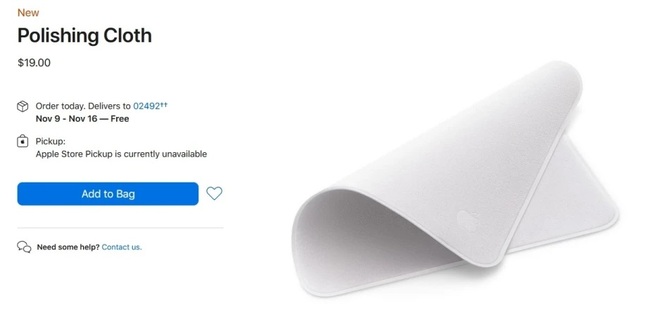 Tấm khăn lau màn hình đang được Apple bán với giá 19 USD.