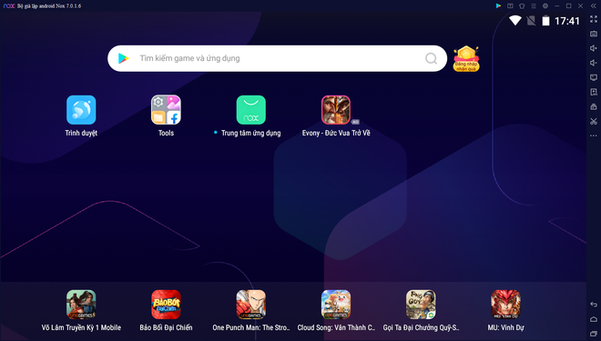 Giao diện của Nox App Player trên máy tính, giống như giao diện của một chiếc máy tính bảng chạy nền tảng Android.