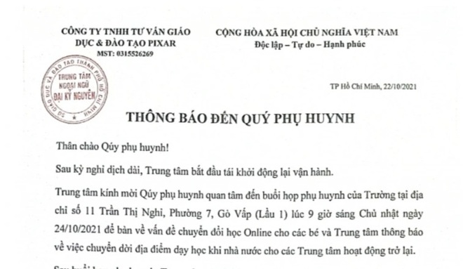 Trung tâm ngoại ngữ Pixar treo biển cho thuê nhà, mời họp phụ huynh - 1 Trung tâm ngoại ngữ Pixar treo biển cho thuê nhà, mời họp phụ huynh - 1