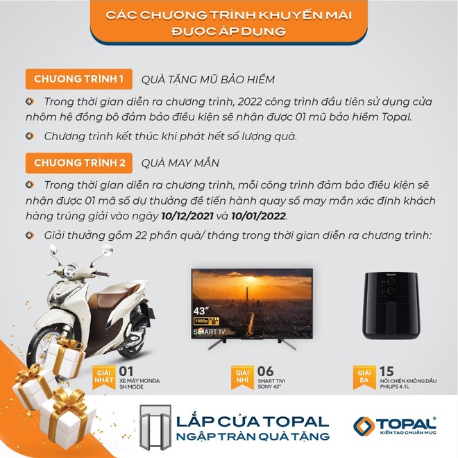 Cơ hội trúng xe SH Mode khi lắp cửa nhôm đồng bộ Topal - 2 Cơ hội trúng xe SH Mode khi lắp cửa nhôm đồng bộ Topal - 2