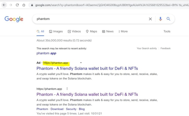 Trang web giả mạo (phanton.app) thậm chí còn xuất hiện phía trên trang web thật (phantom.app) trên công cụ tìm kiếm Google (Ảnh: CPR).