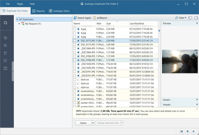 Giao diện phần mềm Auslogics Duplicate File Finder sau khi quét và tìm ra các file trùng lặp trên máy tính.
