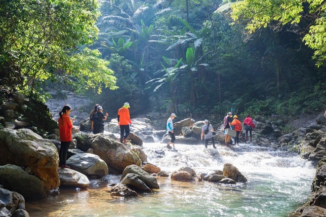 Visitors enjoy swinging over a waterfall over 50 meters high in the middle of the old forest in Quang Binh - 2