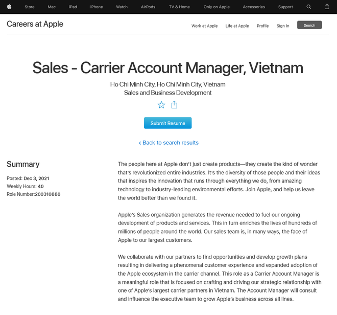 Apple đăng thông báo tuyển dụng nhân sự làm việc tại Việt Nam trên trang chủ của hãng.