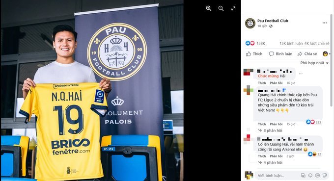 Bài viết chào mừng Quang Hải trên fanpage của Pau FC lập kỷ lục của đội bóng về lượng tương tác, chủ yếu đến từ dân mạng Việt Nam (Ảnh chụp màn hình).