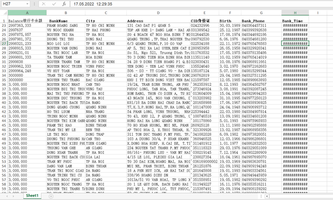 Hình ảnh cho thấy một phần thông tin trong file dữ liệu chứa 100 ngàn tài khoản ngân hàng của người dùng Việt Nam đang bị hacker rao bán (Ảnh chụp màn hình).
