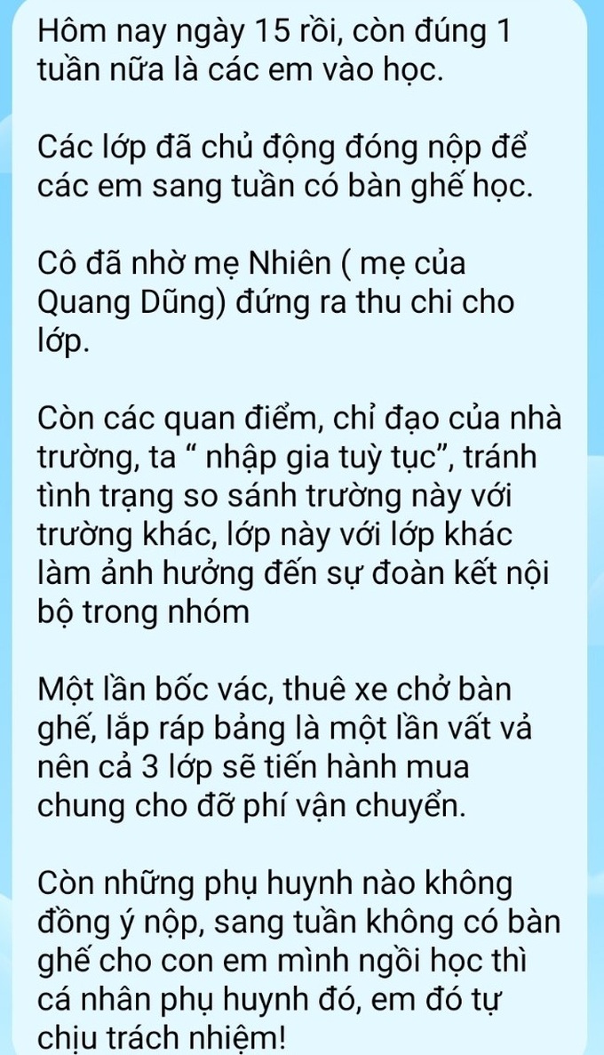 Vụ lớp 1 đóng tiền bàn ghế: Cô giáo nhận lỗi phát ngôn nhập gia tùy tục