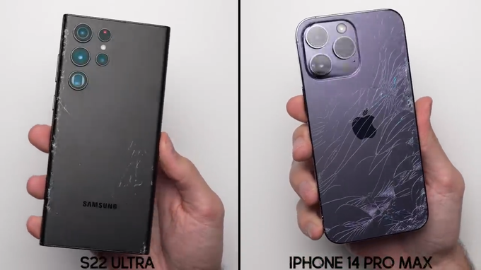 Mặt lưng iPhone 14 Pro Max bị hư hại khá nghiêm trọng ngay sau bài kiểm tra đầu tiên (Ảnh cắt từ clip).