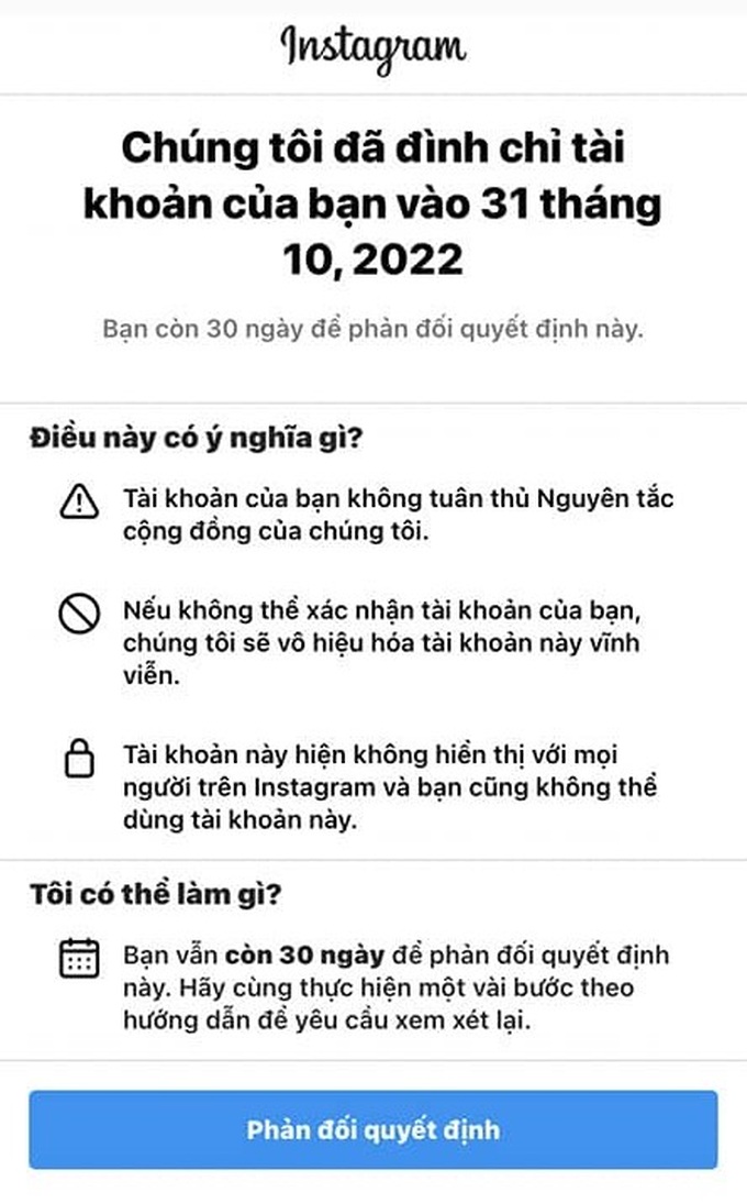 Nhiều người dùng Instagram tại Việt Nam hoang mang vì tài khoản của họ bất ngờ bị khóa mà không rõ lý do (Ảnh chụp màn hình).