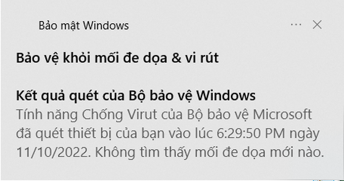 Hộp thoại xuất hiện để thông báo cho người dùng được biết không có mối nguy hại nào về bảo mật trên Windows.