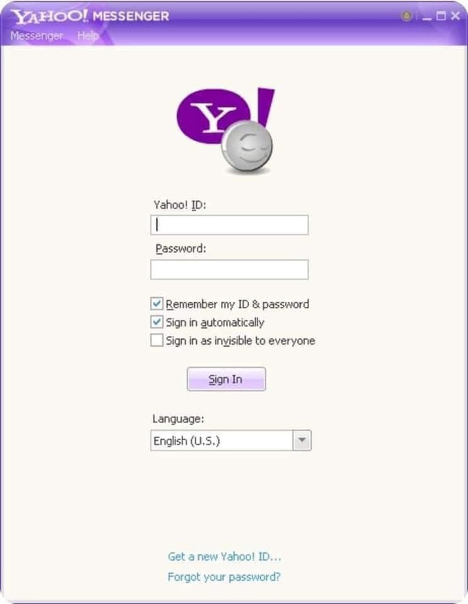 Giao diện đăng nhập của Yahoo Messenger, một trong những hình ảnh hết sức quen thuộc. Với nhiều người dùng Internet tại Việt Nam vào những năm 2000, việc đầu tiên sau khi mở máy tính là đăng nhập vào tài khoản Yahoo Messenger.