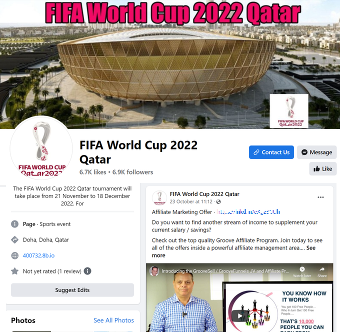 Một fanpage Facebook mạo danh World Cup để quảng bá trang web đính kèm mã độc (Ảnh chụp màn hình).