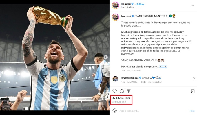 Nếu bạn là fan của Messi, chắc chắn bạn không muốn bỏ qua ảnh này! Đó là một tấm ảnh kỷ lục của cậu ấy trên mạng xã hội và nó sẽ khiến bạn cảm thấy cực kỳ phấn khởi. Hãy xem ảnh ngay để tận hưởng thành tích của cậu ấy!