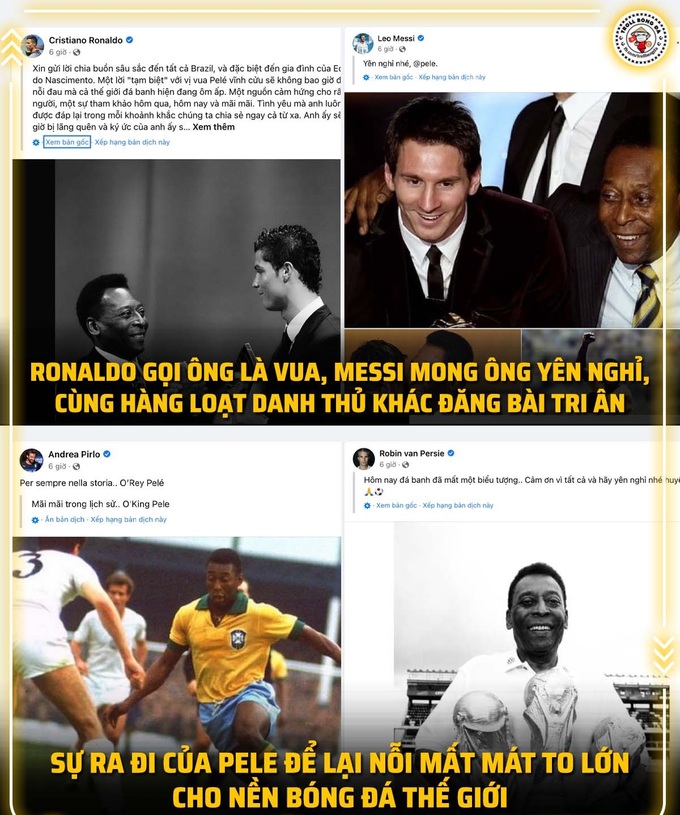 Sự ra đi của Pele là một mất mát lớn cho cả thế giới túc cầu. Cùng nhau chia buồn và thương tiếc với huyền thoại bóng đá của chúng ta. Nhắc lại những kỷ niệm đẹp và những trận đấu lịch sử của Pele là cách để chúng ta tưởng nhớ và ghi nhận những đóng góp to lớn của ông đối với bóng đá.