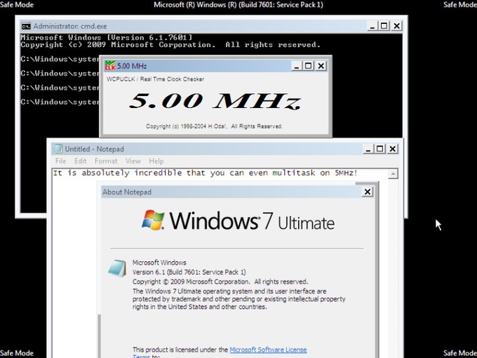 Windows 7 Ultimate được cài đặt trên máy tính sử dụng chip với xung nhịp xử lý chỉ 5MHz (Ảnh chụp màn hình).