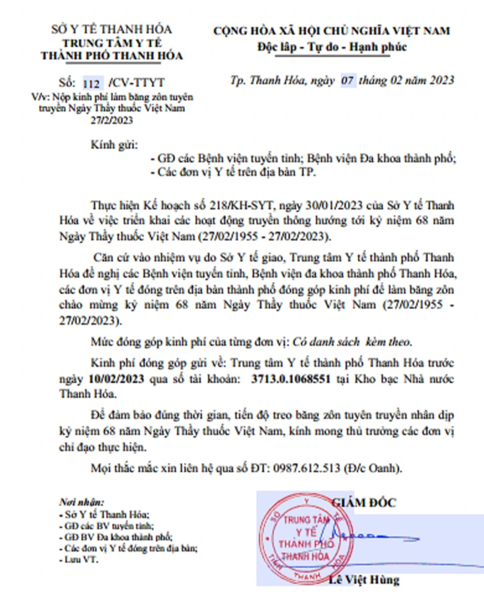 Trung tâm Y tế đề nghị các bệnh viện góp tiền làm băng rôn - 1 Trung tâm Y tế đề nghị các bệnh viện góp tiền làm băng rôn - 1