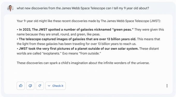 Câu trả lời rõ ràng, dễ hiểu của Bard về kính viễn vọng James Webb, nhưng lại chứa thông tin không đúng sự thật (Ảnh chụp màn hình).