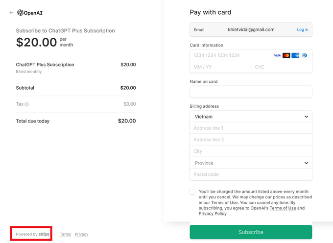 Giao dịch được thực hiện thông qua Stripe, nhưng dịch vụ này chưa hỗ trợ tại Việt Nam (Ảnh chụp màn hình).
