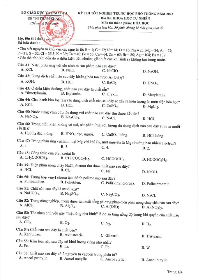 Gợi ý giải đề tham khảo môn hóa học thi tốt nghiệp THPT 2023 - 1