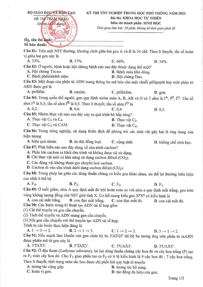 Gợi ý giải đề tham khảo môn sinh học thi tốt nghiệp THPT 2023 - 1