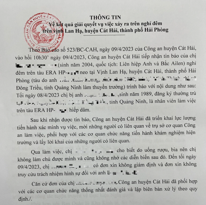 Thông tin bất ngờ vụ nữ du khách nước ngoài tố bị hiếp dâm trên vịnh Lan Hạ - 1 Thông tin bất ngờ vụ nữ du khách nước ngoài tố bị hiếp dâm trên vịnh Lan Hạ - 1