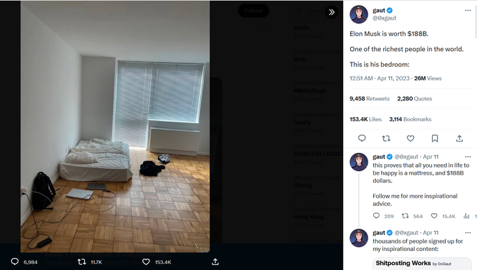 Tài khoản Twitter có tên gaut đã khẳng định đây là căn phòng ngủ của Elon Musk (Ảnh chụp màn hình).