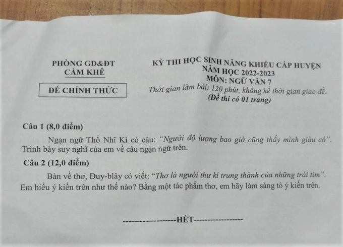 Tranh cãi đề thi học sinh giỏi ngữ văn lớp 7 khó như cấp quốc gia - 1