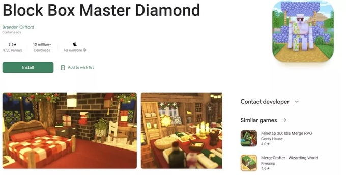 Block Box Master Diamond, ứng dụng có chứa mã độc HiddenAds, đã có hơn 10 triệu lượt tải trên kho ứng dụng CH Play (Ảnh chụp màn hình).