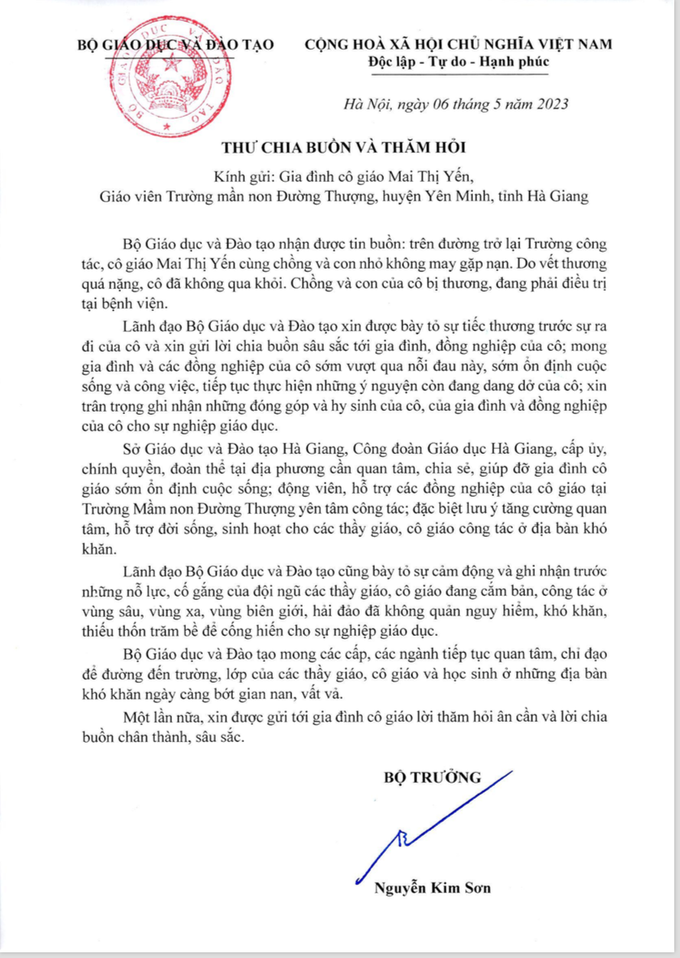 Xúc động thư Bộ trưởng Bộ GDĐT gửi cô giáo tử vong trên đường đến trường - 1