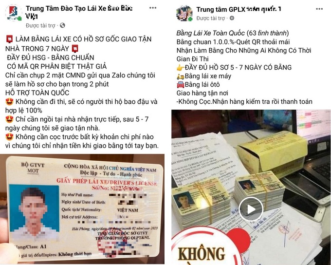 Các fanpage quảng cáo và rao bán công khai bằng lái xe giả trên Facebook, với cam kết không cần học và sát hạch vẫn có bằng (Ảnh chụp màn hình). Các fanpage quảng cáo và rao bán công khai bằng lái xe giả trên Facebook, với cam kết không cần học và sát hạch vẫn có bằng (Ảnh chụp màn hình).