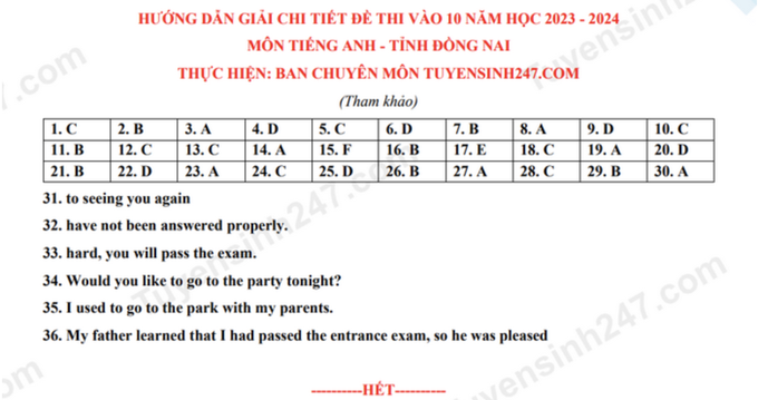 Đáp án đề thi tiếng Anh vào lớp 10 tỉnh Đồng Nai 2023 chính xác nhất - 5