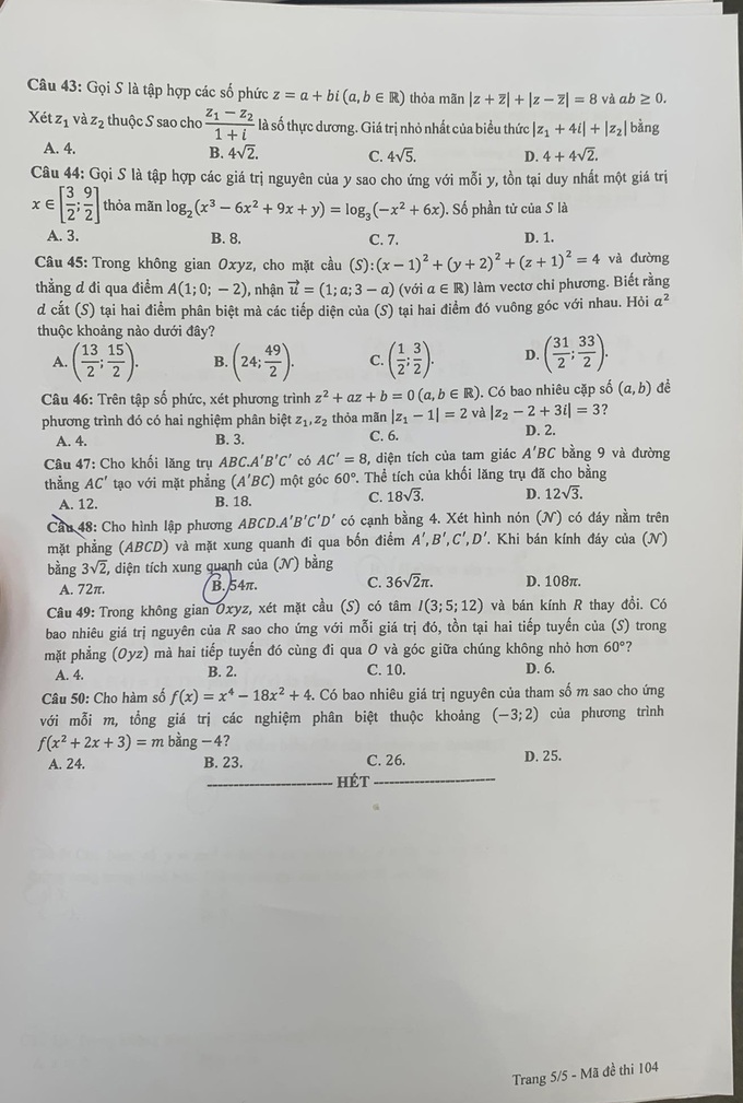 Đề thi và gợi ý đáp án môn toán thi tốt nghiệp THPT 2023 - 9