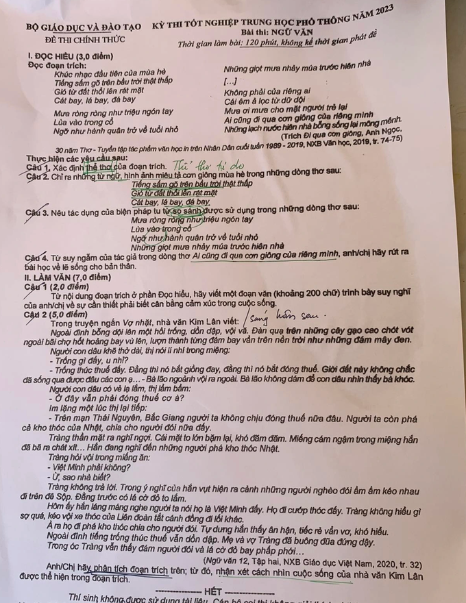 Đáp án môn thi ngữ văn tốt nghiệp THPT 2023 - 1