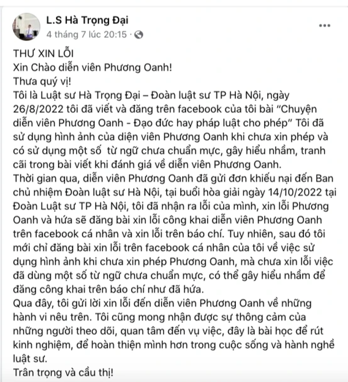Một luật sư ở Hà Nội công khai xin lỗi diễn viên Phương Oanh - 1