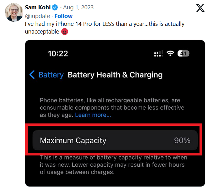 Một người dùng Twitter bày tỏ sự phẫn nộ vì pin iPhone 14 Pro bị giảm xuống 90% chỉ sau chưa đầy một năm (Ảnh chụp màn hình).