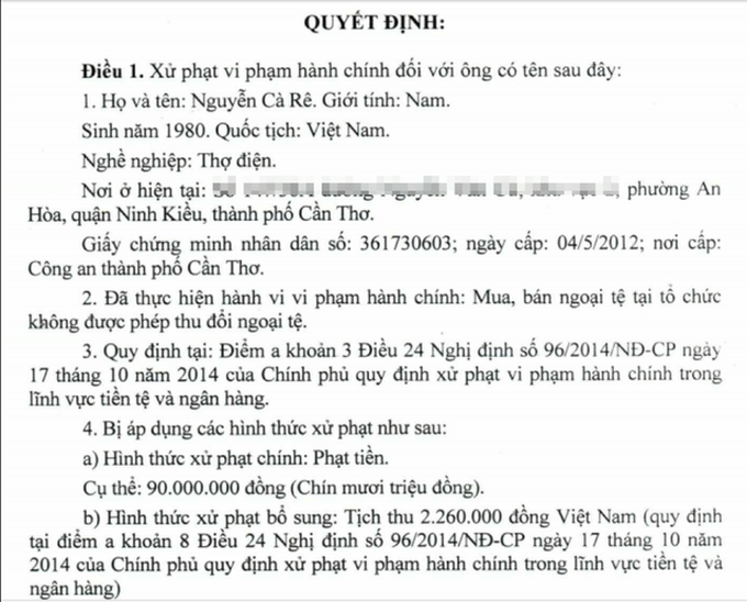 Biên bản mà chính quyền TP. Cần Thơ xử phạt 90 triệu đồng người thợ điện đổi 100 USD