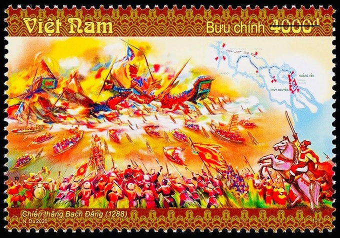Stamp issued to commemorate battle of Bach Dang in 1288 - 1